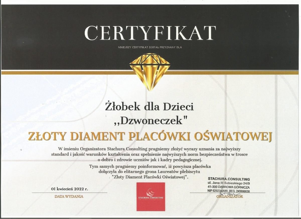 Certyfikat Złoty Diament Placówki Oświatowej 2022